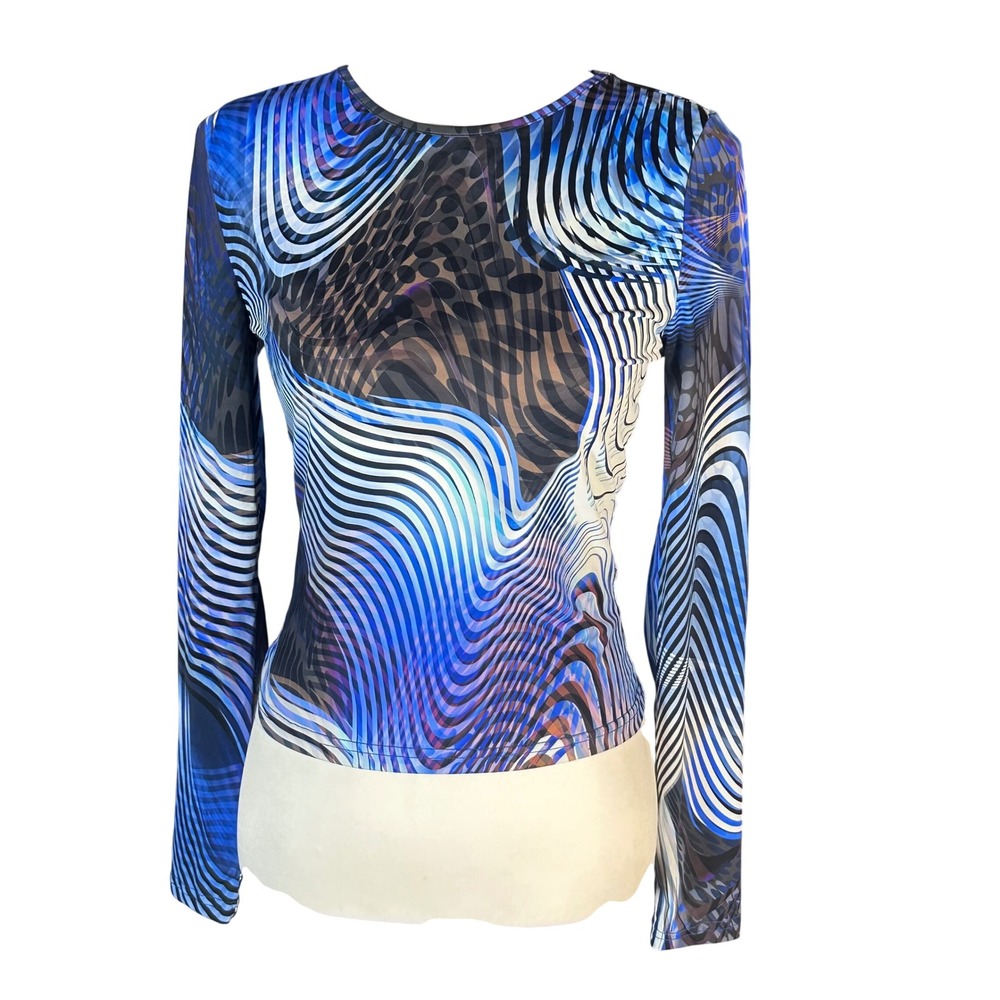 White Fox Top Women's M Blue Psychedelic Leopard Swirl Long Sleeve Crewneck